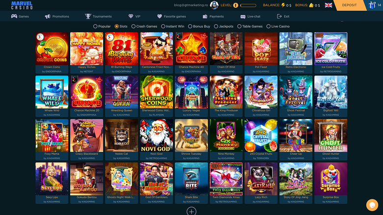 A casino lobby screen showing a grid of game tiles under a top navigation bar with balance and deposit controls.