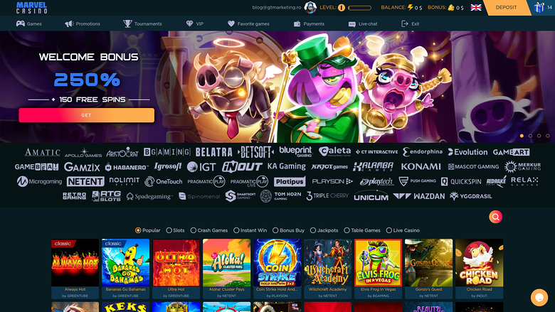 A casino lobby screen showing a welcome bonus hero banner, a provider logo wall, category tabs and a row of game tiles.