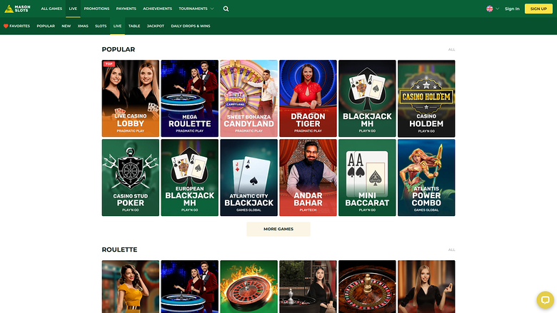 Mason Slots Casino — Live dealer lobby