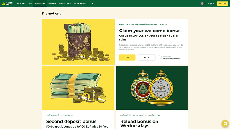 Mason Slots Casino — Promotions page
