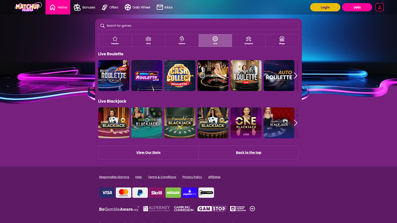 Matchup Casino — Live dealer lobby