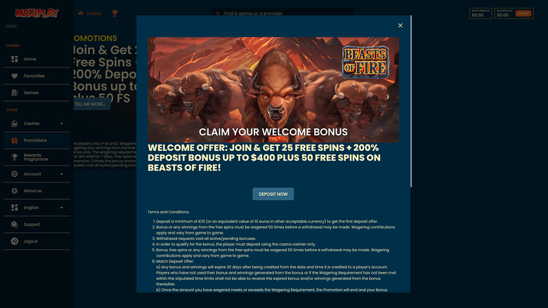 Maxiplay Casino — Promotions page