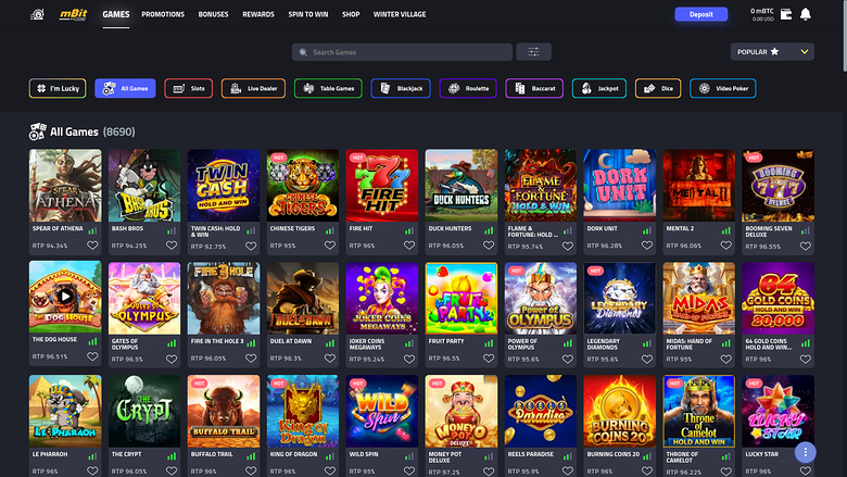 An online casino lobby showing an 'All Games' grid of game tiles with category filters and a top navigation bar.