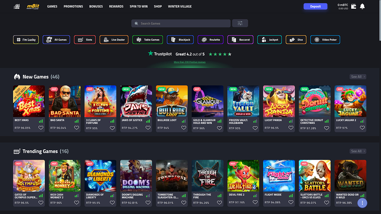 An online casino lobby screen showing a top navigation bar, a search field, category filters, a Trustpilot rating banner, and rows of game tiles under New Games