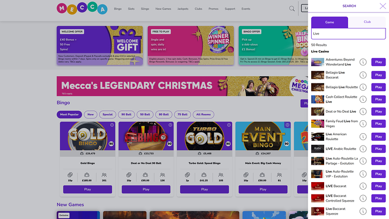 Mecca Bingo Casino — Live dealer lobby