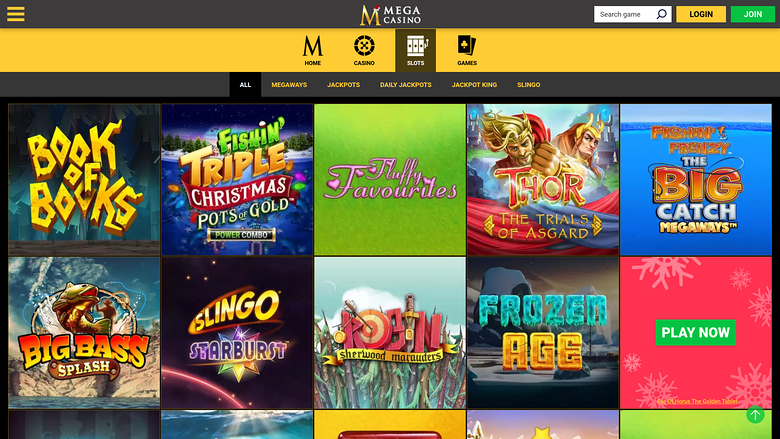 A casino lobby screen showing a grid of game tiles beneath a yellow navigation bar and a black header with login and join buttons.