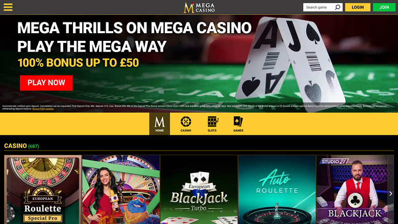 A Mega Casino homepage showing a black-and-yellow hero banner with a 100% bonus up to £50 offer and a row of casino game tiles below.