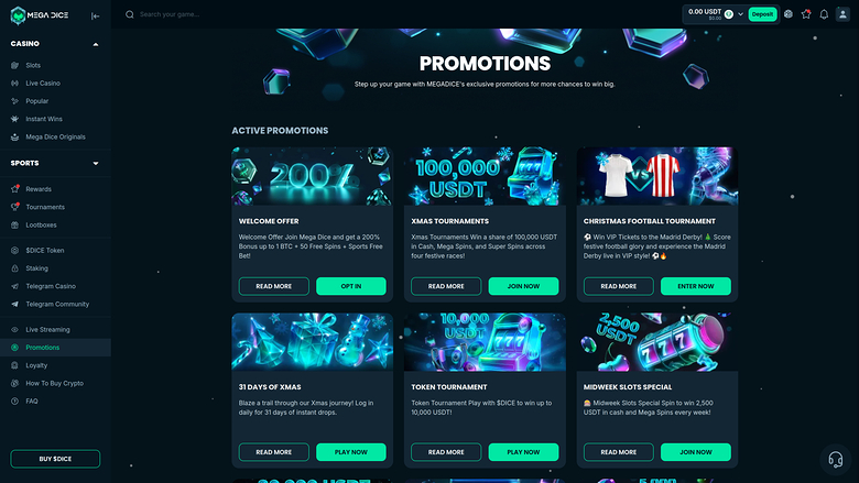Mega Dice — Promotions page