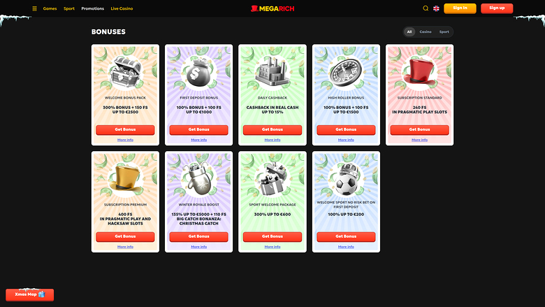 Megarich Casino — Promotions page
