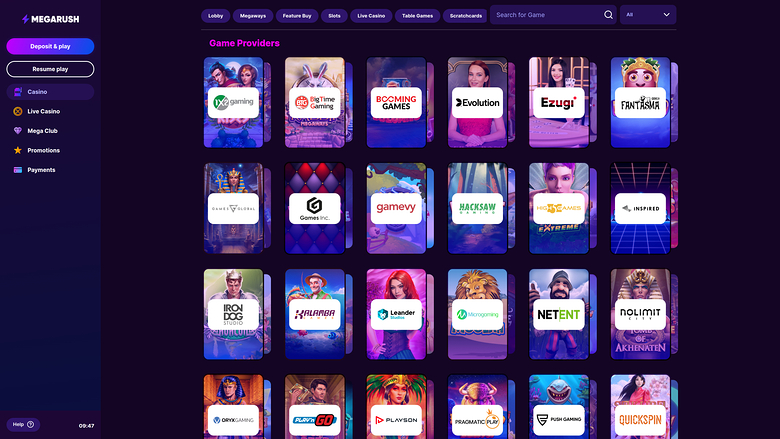 MegaRush Casino — Games by studio