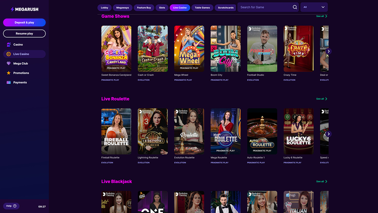 MegaRush Casino — Live dealer lobby