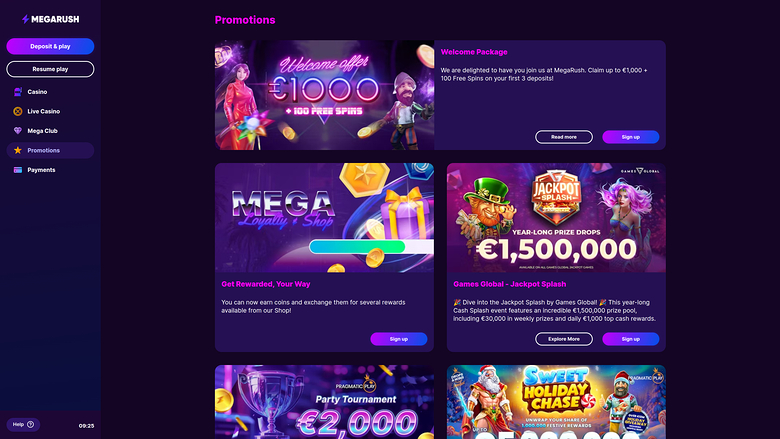 MegaRush Casino — Promotions page