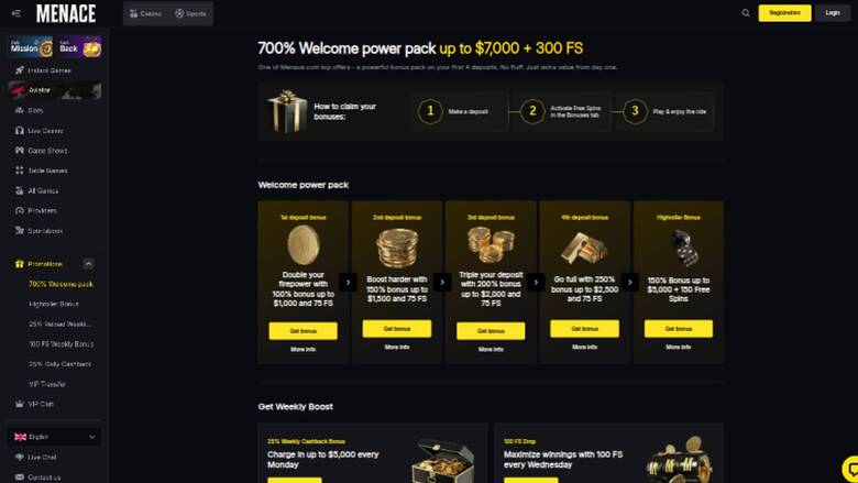 Menace Casino — Promotions page