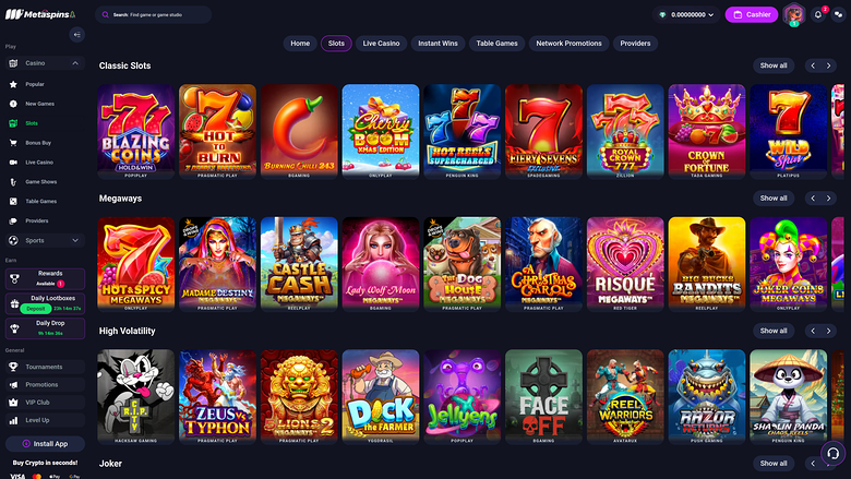 A desktop online casino lobby shows rows of game tiles under Classic Slots, Megaways and High Volatility headings, with a left sidebar and top navigation bar.