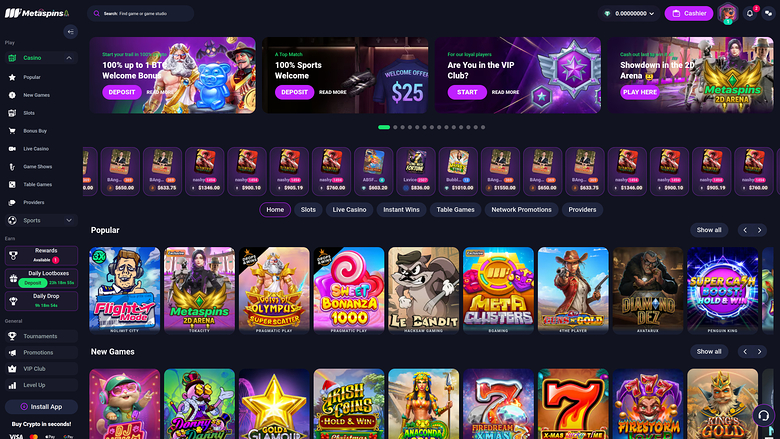A dark-themed online casino lobby shows a promotional banner carousel, a row of jackpot tiles, category tabs, and Popular and New Games game grids.
