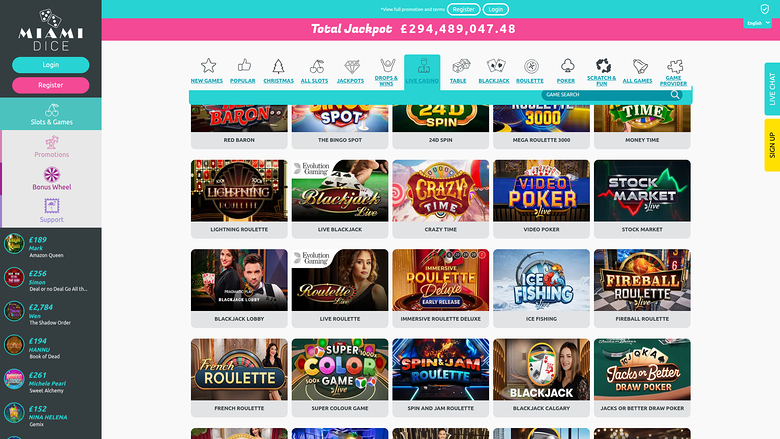 Miami Dice Casino — Live dealer lobby