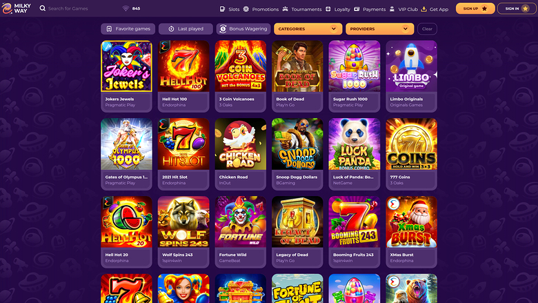 A casino lobby screen showing a grid of game tiles under a header with search, account and deposit controls.