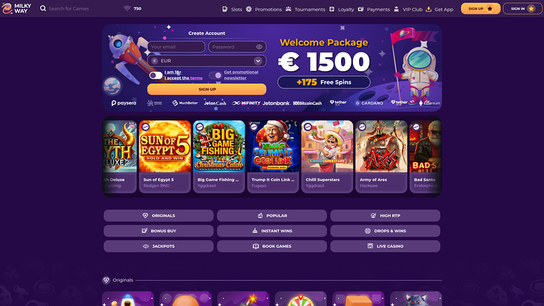 A casino homepage with a welcome bonus hero, registration form, payment icons, a row of game tiles and category buttons.