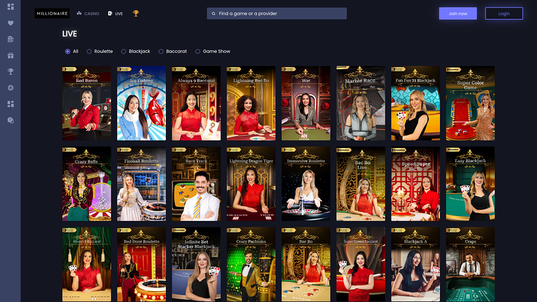 Millionaire Casino — Live dealer lobby