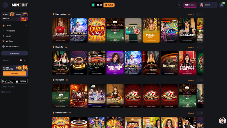 Minebit Casino — Live dealer lobby
