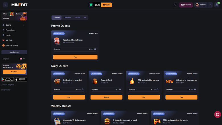 Minebit Casino — Personal quests