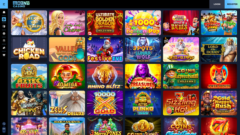 A casino lobby screen showing a grid of game tiles under a dark header with Login and Register buttons.
