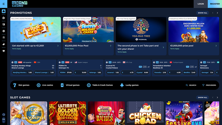 An online casino lobby screen showing a promotions carousel, a live betting odds strip, category tabs and a row of slot game tiles.
