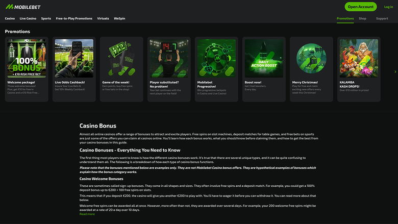 Mobilebet Casino — Promotions page on mobile