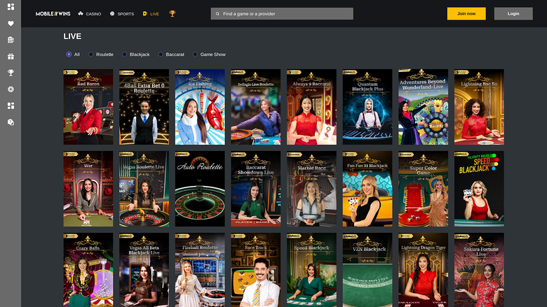 MobileWins Casino — Live dealer lobby on mobile