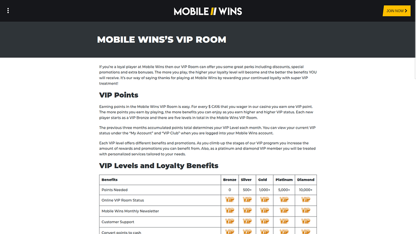 MobileWins Casino — VIP section on mobile