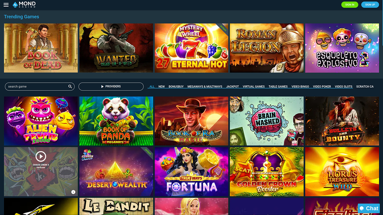 An online casino lobby page showing a 'Trending Games' grid of game tiles above a search bar, provider filter and category tabs.
