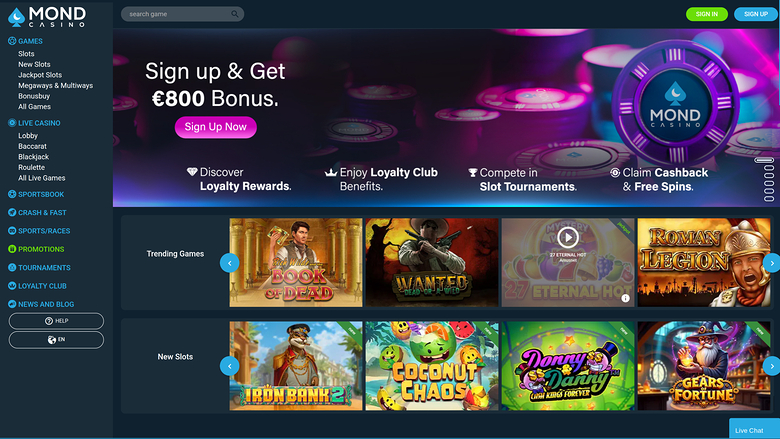 An online casino homepage for Mond Casino showing a sign-up bonus hero banner and rows of game tiles.