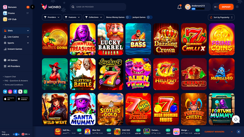 An online casino lobby page for MONRO showing a grid of game tiles with a left sidebar menu and a top header.