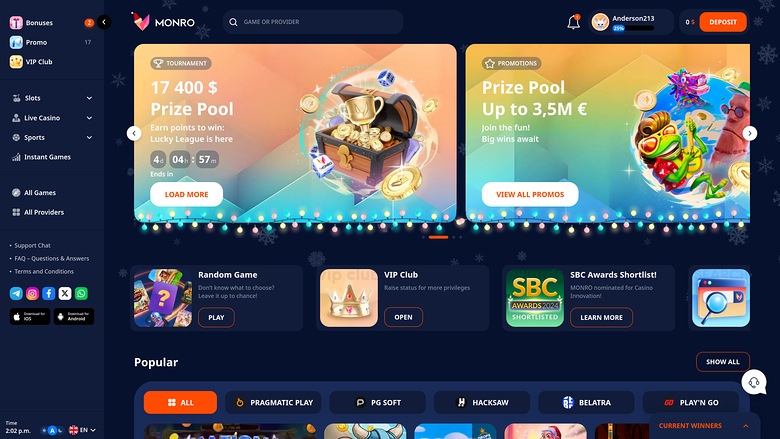 A casino lobby screen for MONRO showing promotional banners, a left sidebar menu, and a Popular games section.