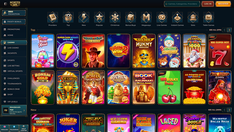 A casino lobby screen showing a grid of game tiles under a top navigation bar and a left sidebar menu.