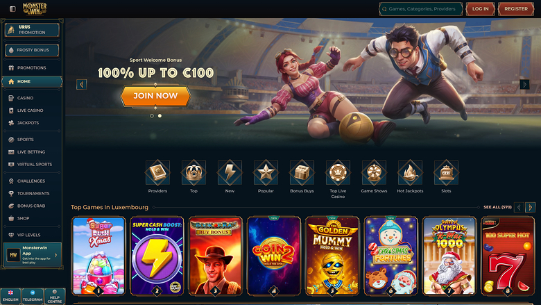 A Monster Win casino lobby shows a sports welcome bonus hero banner, a category icon row and a Top Games in Luxembourg tile carousel.