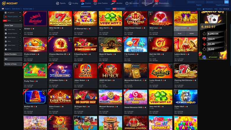 Mozzart Casino — Games lobby