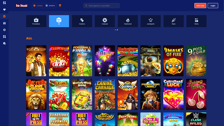 An online casino lobby screen showing a grid of game tiles under an 'ALL' heading with category tabs above.