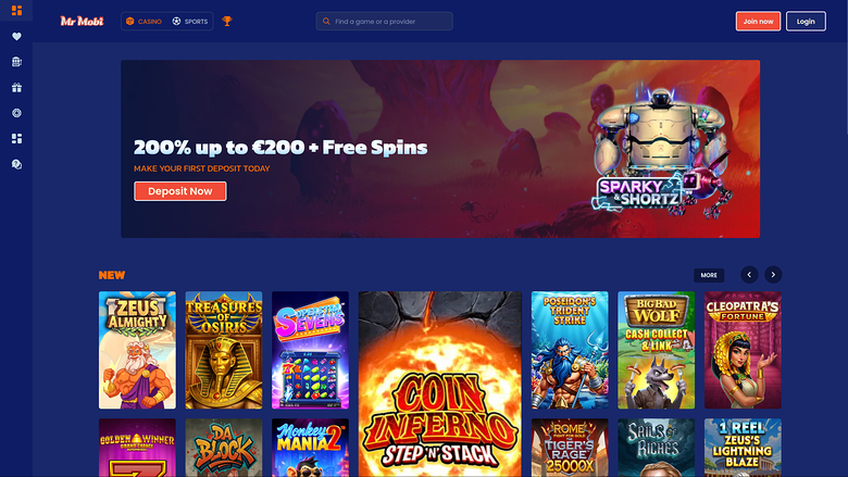 An online casino lobby homepage showing a welcome bonus hero banner and a grid of game tiles under a New section.