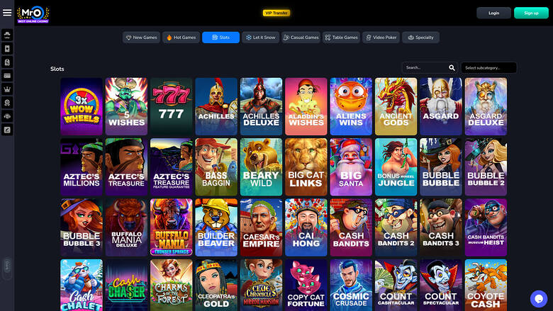 An online casino lobby displaying a grid of slot game tiles under a Slots heading with category tabs and a search field.