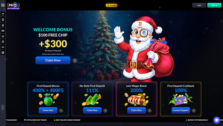 A casino homepage shows a Christmas-themed welcome bonus hero with a Santa illustration and four promotional offer cards below.