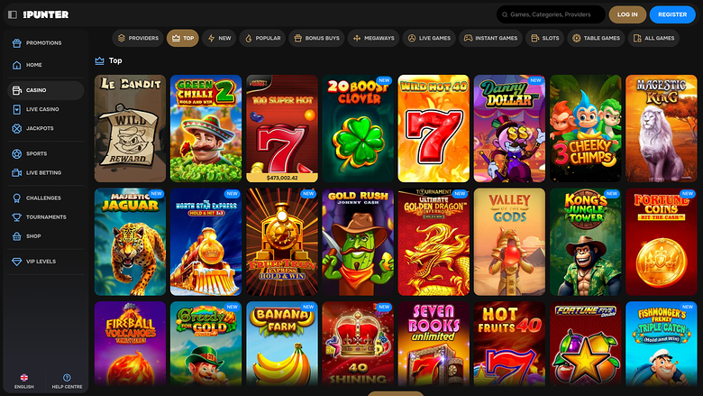 An online casino lobby screen showing a grid of game tiles under a 'Top' tab with a left sidebar menu and top navigation bar.