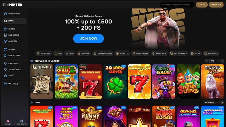 An online casino lobby screen showing a welcome bonus hero banner, a left sidebar menu, category tabs and rows of game tiles.