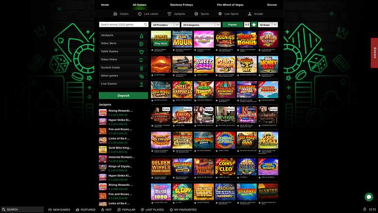 An online casino lobby screen showing a grid of game tiles with a left sidebar of categories and jackpots and a top navigation bar.
