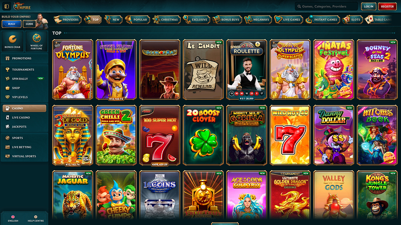 An online casino lobby displays a grid of game tiles under a 'TOP' heading with a left sidebar menu and top navigation bar.
