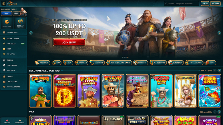 An online casino lobby screen showing a welcome bonus hero banner, a left sidebar menu, and rows of game tiles under category tabs.
