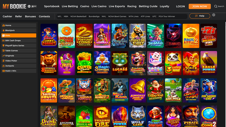An online casino lobby screen showing a grid of game tiles under a top navigation bar and a left sidebar menu.