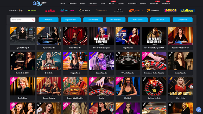 MyStake Casino — Live dealer lobby