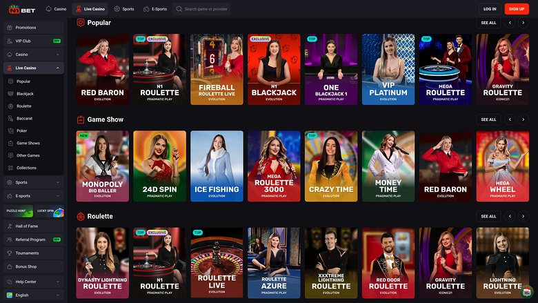 N1 Bet Casino — Live dealer lobby