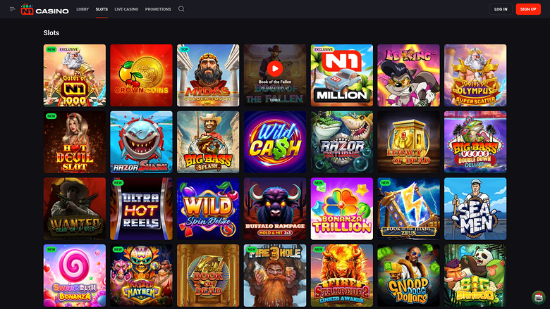 An online casino slots lobby page displaying a grid of game tiles under a dark header with navigation and login controls.